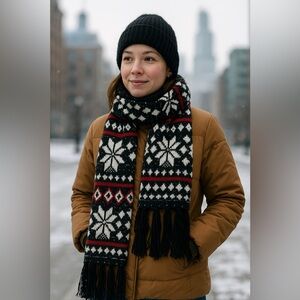 Catherines Fair Isle Snowflake Scarf Black Red Tassel Knit NWT